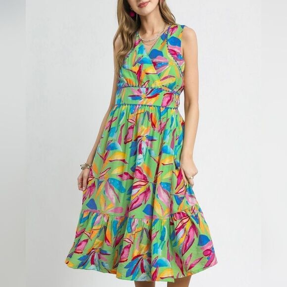 Umgee Ruffled Hem Printed Sleeveless Midi Dress Colorful Funz Small - Picture 3 of 6